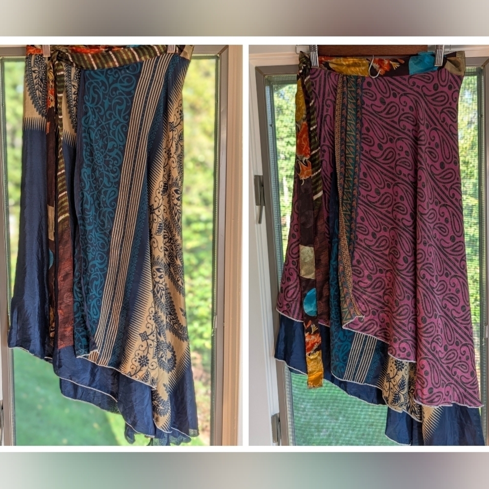 Asymetric Ankle Length Reversible Sari Silk Wrap Skirt Size 4-12 Multicolor
